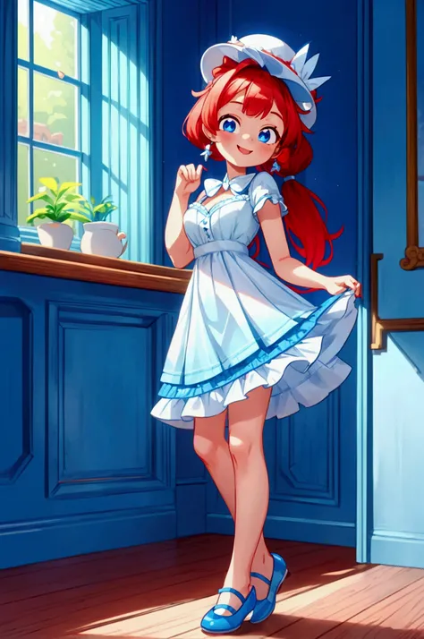 (masterpiece, best quality) standing, indoor, intricate detail, sunlight, , blue and white frill dress, red hair, two ponytails, cute face, blue eyes, cute dog hat, sexy pose, blue and white shoes, earrings, smile, coquette, gorgeous legs, mature teenager ...