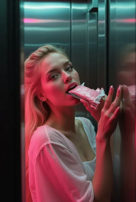 Caroline Trentini 25 years old with very long blonde hair tied up high, pink lip gloss on thin lips, white textured skin, green eyes, turned up nose. Holding the door of an elevator with mirrors, lying on his back, holding the elevator door + with head til...