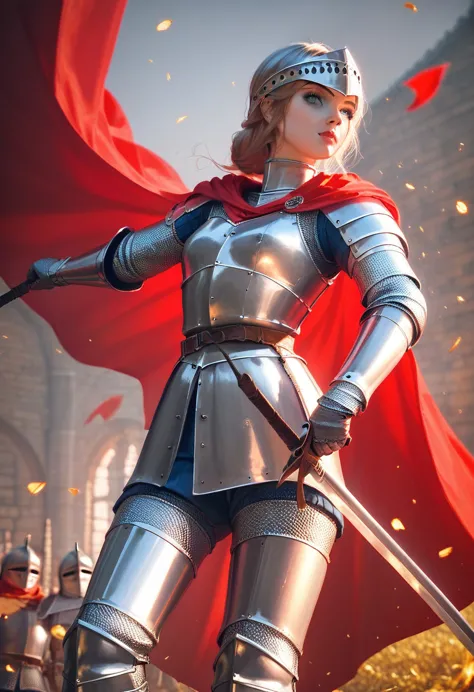 ((masterpiece, highest quality, Highest image quality, High resolution, photorealistic, Raw photo, Extremely detailed CG unified 8k wallpaper)), (Huge and stunning goddess shot, Very hot and sexy, Incredible beauty, Perfect Proportions, Beautiful body, Slim body beauty:1.4), (Medieval female knight, silver armor with gold ornaments, red cape, silver tiara on head:1.5), (Her long blond hair is tied back, Wearing armor on bare skin, red cape on back, harnessed in finely crafted, detailed armor, with a sword hanging from a thick belt:1.5), holding a shield (family crest, intricate design) in one hand, holding sword of gold in other hand, full body shot, fighting surrounded by 300 soldiers on a chaotic battlefield, seen from below, female knight,