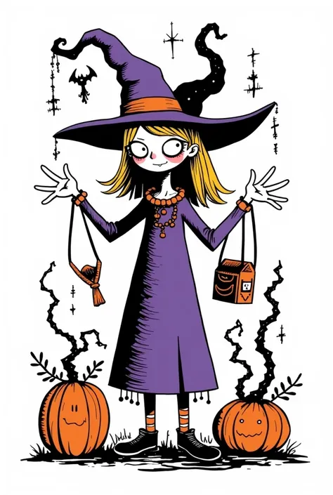 cute cartoon witch wearing purple dress, smile, exaggerated movements and expressions,full body, surrounded by pumpkin and trick...