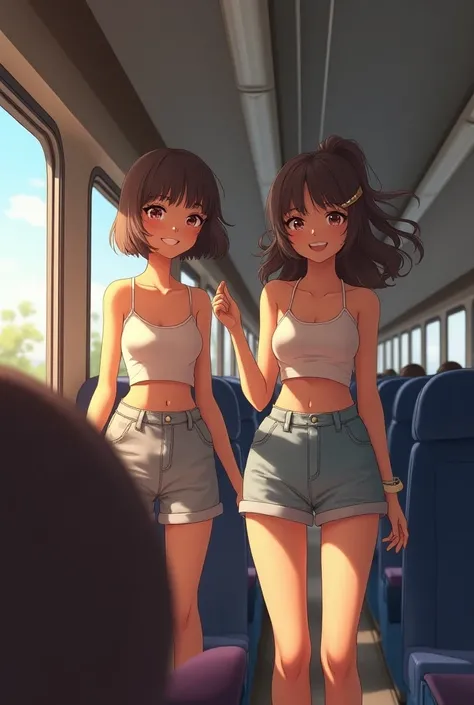 Two girls are travelling in a train wearing a bra and a skirt