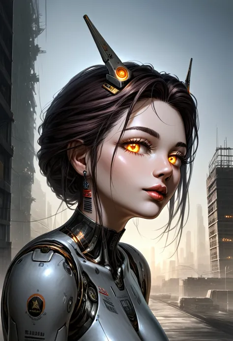 a highly detailed portrait of a technologically advanced ancient alien in a post-apocalyptic cityscape, beautiful detailed eyes,...