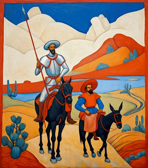  Don Quixote and Sancho Panza .  Get inspired by the style of the painting :  Symbolic Landscape by Diego Rivera.  Use only these colors : light pastel red , electric blue,  orange and olive green , light pastel color , black and white