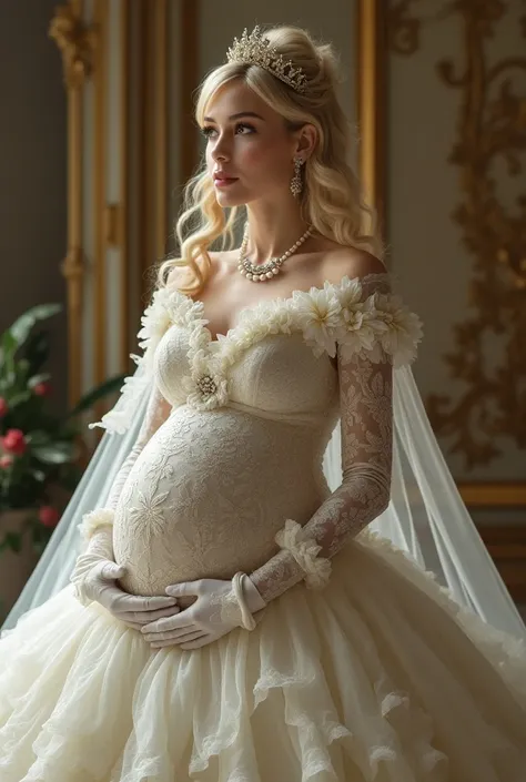 full body profile, ((hyperpregnancy)), A stunningly beutiful but very pregnant bloNDe firytle Princess shining with Royl Pomp ND Regl SpleNDor, bloND, very large pregnant belly, hyperpregnant, wering  Sttely ND ((( elborte ))) Royl CiNDerell Wedding Dress ...