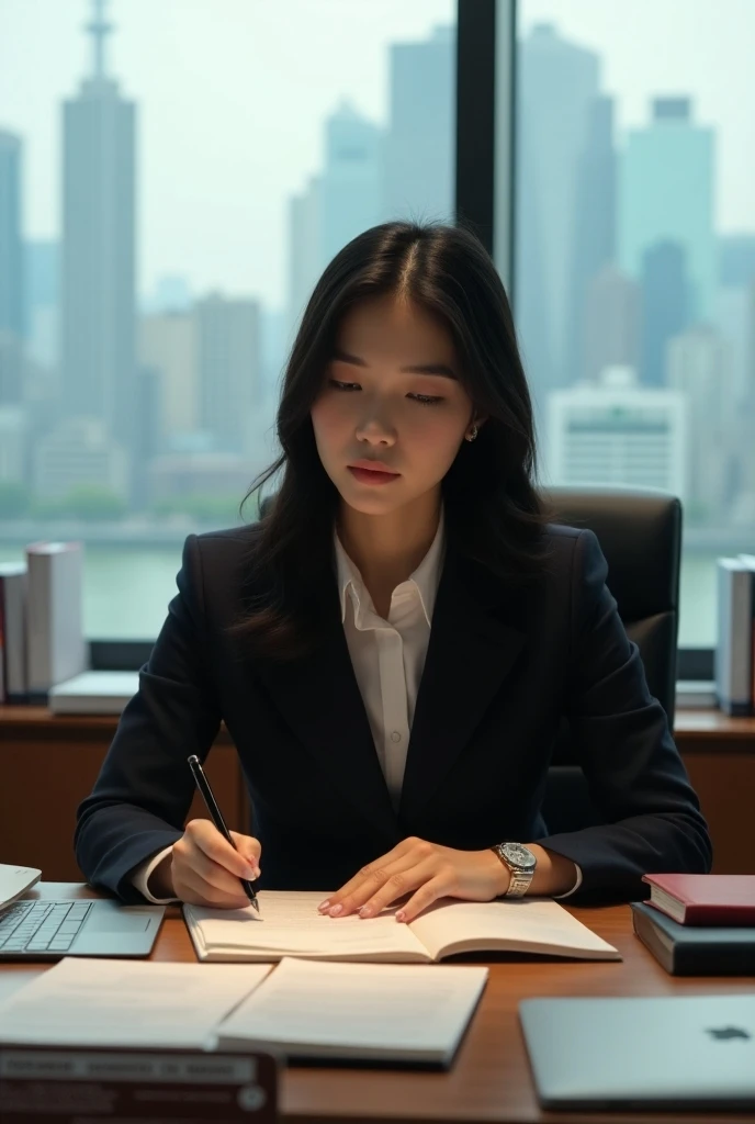 A lawyer, a beautiful Korean girl, is writing a document on her desk.