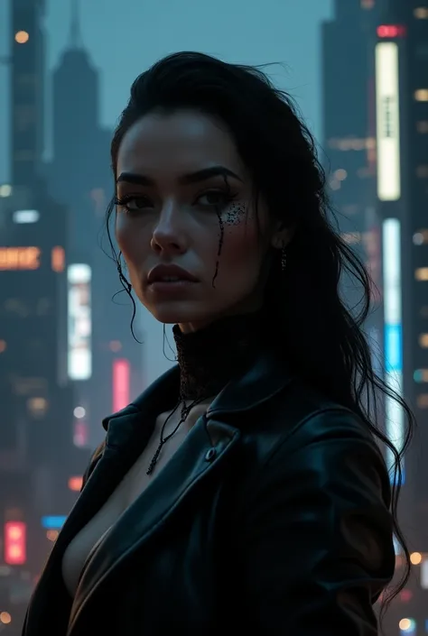 a futuristic cyberpunk cityscape, neon lights, skyscrapers, flying cars, advanced technology, dark moody atmosphere, cinematic lighting, 1girl, beautiful detailed eyes, beautiful detailed lips, extremely detailed face and portrait, intricate futuristic fas...