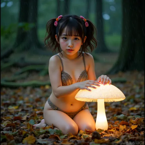 hands、lingerie、petite body、1 人の美しい若いghostの少女は自慰行為を行っています、 very detailed 、she's sitting on a mushroom and pressing it against her...