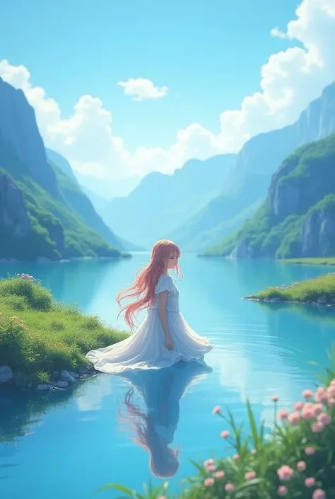 create images of stunning fabulous nature, calm, relaxing, peaceful, landscape, 16:9 ratio, mountains, blue sky, crystal clear river, fantastic nature, breeze, soft rain, spring, 8k resolution, comfort zone, featuring ethereal characters with delicate feat