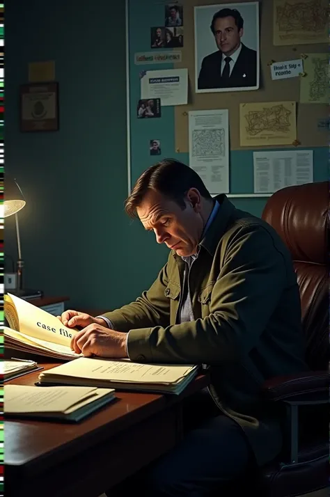 "Inside a detective’s office, a ‘Case Files’ folder is open on the desk with a photo of Greg Fleniken labeled ‘Unsolved.’ The weary detective sits back in his chair, staring at a cluttered bulletin board filled with maps, photographs, and documents that of...