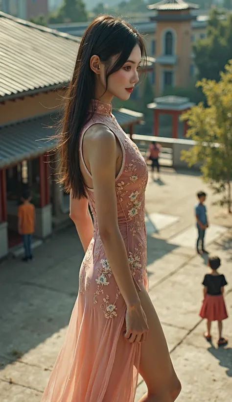 A aerial-side-view photograph of a towering, beautiful giantess in a sexy high-slit cheongsam(qipao) with intricate embroidery. She has exceptionally long, elegant legs, and the high slits reveal most of her thighs as she gracefully crouches in front of a ...