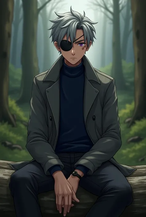 A young man with slightly rebellious gray hair and violet eyes of light brown tea with a scar on his face wearing a gray coat and a navy blue turtleneck shirt and a patch on his right eye felt on a log in the woods 