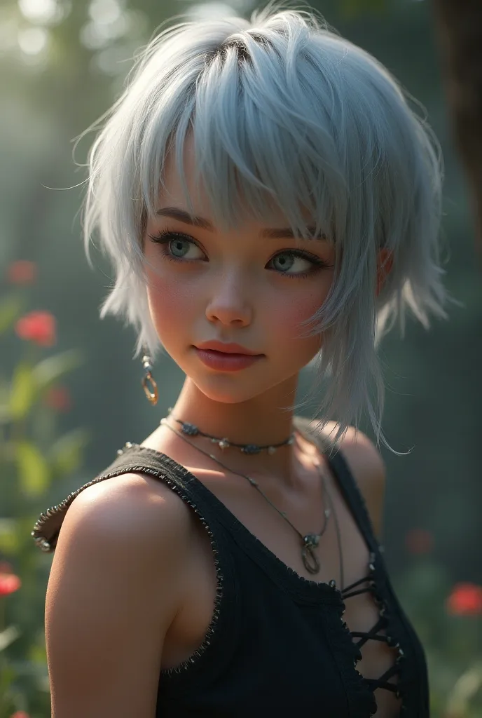 (  Highly Detailed CG Unity 8K Wallpaper, masterpiece, Best Quality,  ULTRA DETAIL ), (Best lighting,  best shadow ,  very delicate and beautiful), Cool, dynamic, And an original young girl character (dynamic pose) silver ( Pixie cut hair : 1.3) Reflects light beautifully.