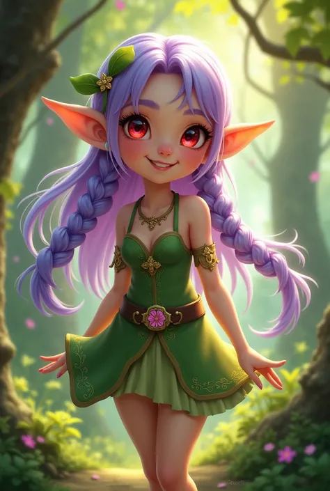 Young elf girl with long lavender pigtail hair and scarlet red eyes happy and full body