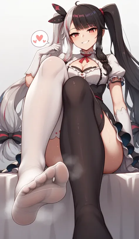 rena, twintails, very long hair, white gloves, puffy short sleeves, cleavage cutout, two-tone dress, asymmetrical legwear, misma...