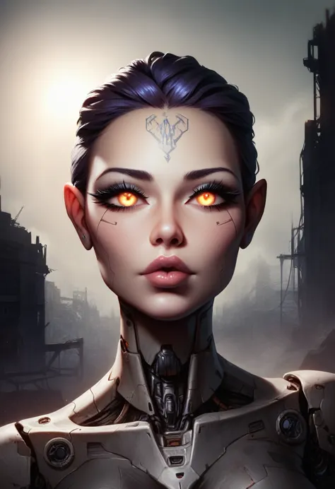 a highly detailed portrait of a technologically advanced ancient alien in a post-apocalyptic cityscape, beautiful detailed eyes,...