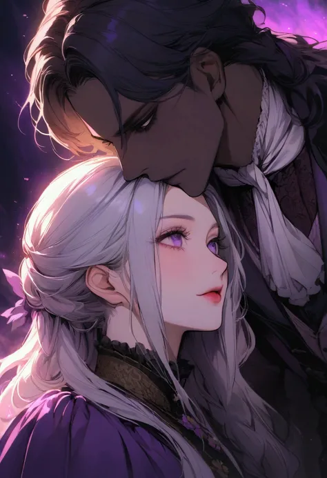 High quality portrait,  silver-haired purple-eyed woman, dark-haired dark-eyed man , lover, 중세 nobility, nobility,  Victorian Era, Romance Fantasy