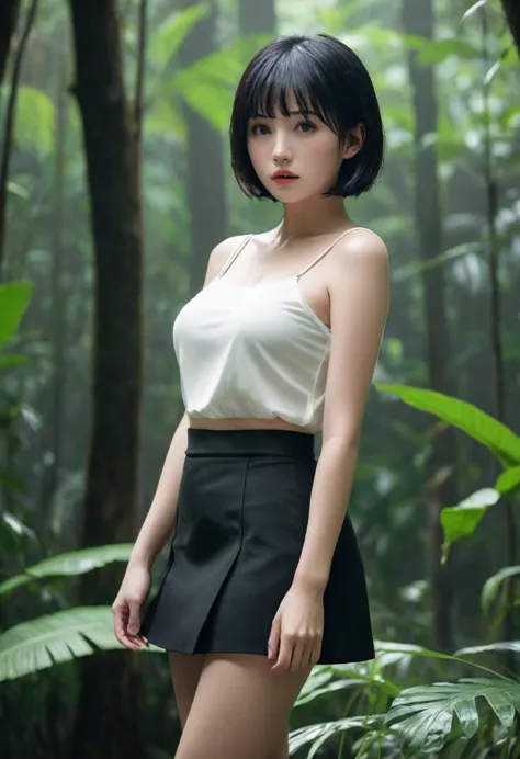 in a deserted jungle in the middle of the night、 a cute female warrior all alone with an uneasy expression 。 she has short black...