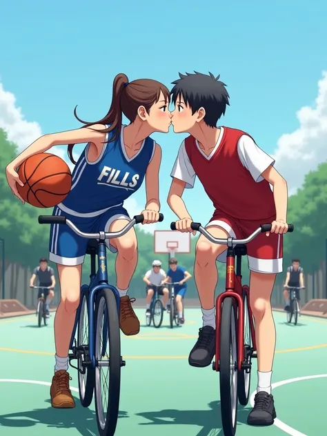 The image shows two young girls riding bicycles on a basketball court. The girl on the left is wearing a blue and white jersey with the word "FILLS" written on it and is holding a basketball in her right hand. She has long brown hair tied up in a ponytail ...