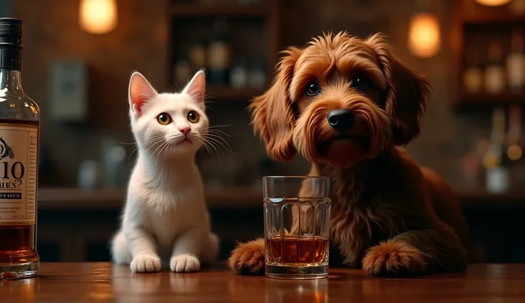 a dark brown cockapoo dog,drinking whiskey at a bar,whisky bottle on the counter, with a white highland lynx  cat sitting on the counter beside,ultra realistic,8k,professional photo,highly detailed,photorealistic,exquisite lighting,intricate fur details,re...