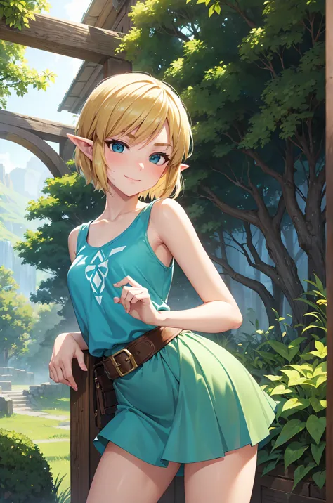 Full-length, uncropped, professional anime art commission, upskirt, creep shot, voyeur, femme (Link from Legend of Zelda), young adult, (flat-chested), arched blonde eyebrows, detailed eyes, looking into camera, big pointy nose, ((short blonde hair)), confident smirk, provocative pose, green tunic with skirt, hills and valleys in the background