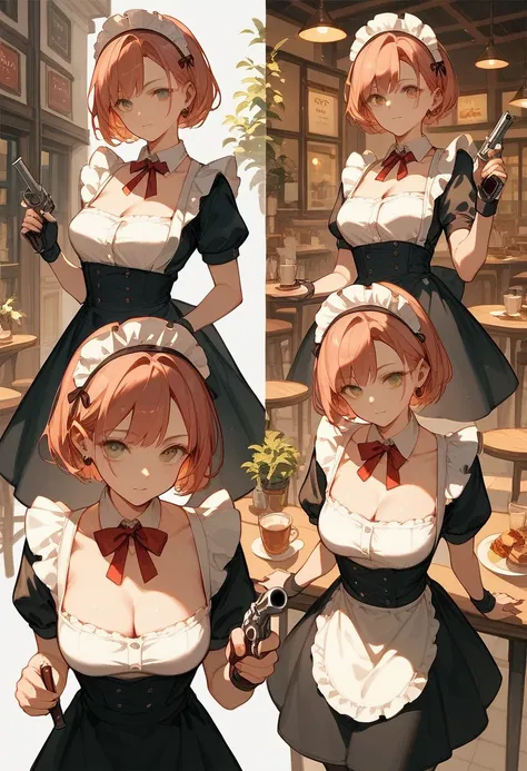 Cafe,Maid holding a revolver,The work behind the scenes is a killer 