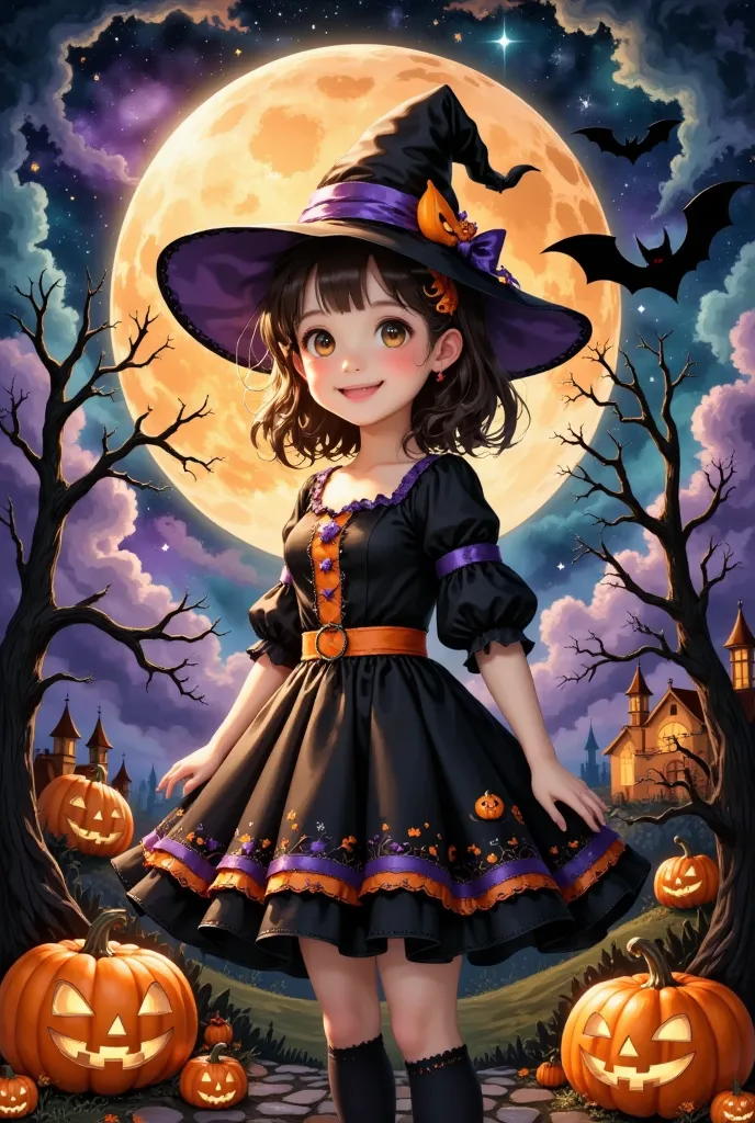 (masterpiece, best quality:1.2), cute girl wearing a halloween witch costume,,dynamic pose,smiling, alone, anatomically correct ...