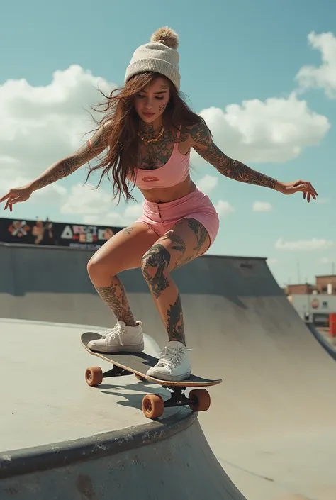 professional photo, girl princess skater in biopunk style; intricate tattoos and mussed hair in a beanie skateboard jumping ramp (perfectly balanced wheels) in a skate park, masterpiece, realistic, UltraHD, 3d, 8k