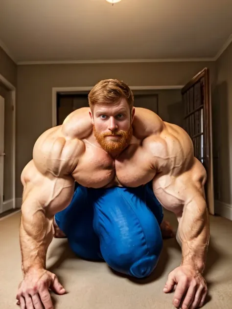 extremely shredded, extremely well trained muscular daddy with brunette-ginger hair and blue eyes, absurdly +++massive+++ muscles, bedroom, (crawling towards viewer:1.15). absurdly +++hyper oversized massive+++ muscles exceeding human limits, (massive bulg...