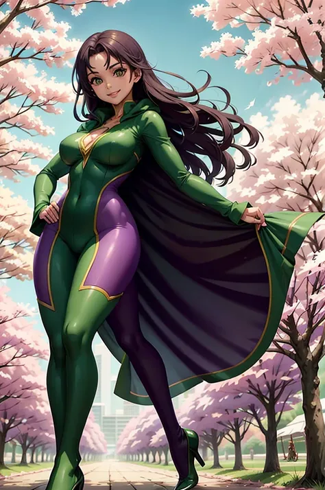 smiling african girl with green eyes, wearing green hijab dressed as superwoman, with purple catsuit and green cape,full bodysuit, standing under cherry blossoms