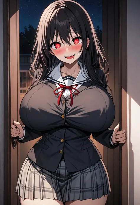 (solo woman),black long hair,looking at viewer,yandere smile,glowing red eyes,huge breast,fang,tongue out,drooling,school unifor...