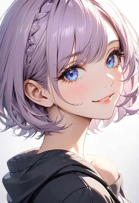 (( of the best quality )), (( masterpiece, )), ( Details), Young woman,  alone , (  small breasts, Light purple hair,  blue eyes , ((Short hair)) , Beautiful face, Beautiful skin, Long eyelashes, Thick eyelashes),milf,Diffuse light, sexy, Elegant, ดวงตาที่...