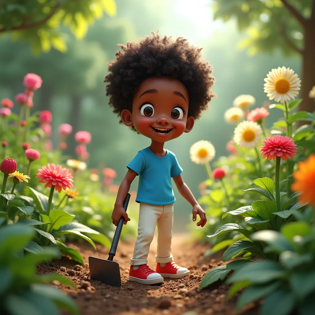 A cute African American   wearing blue shirt and white pent with red shoes, working in garden, Disney Pixar style 