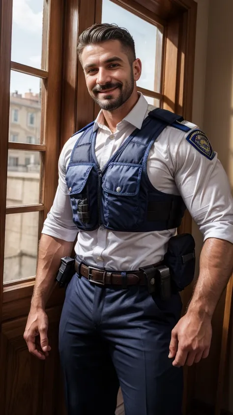 photography, best quality, high resolution, male focus, a cop workin with a police uniform, police holster belt,  police holster...