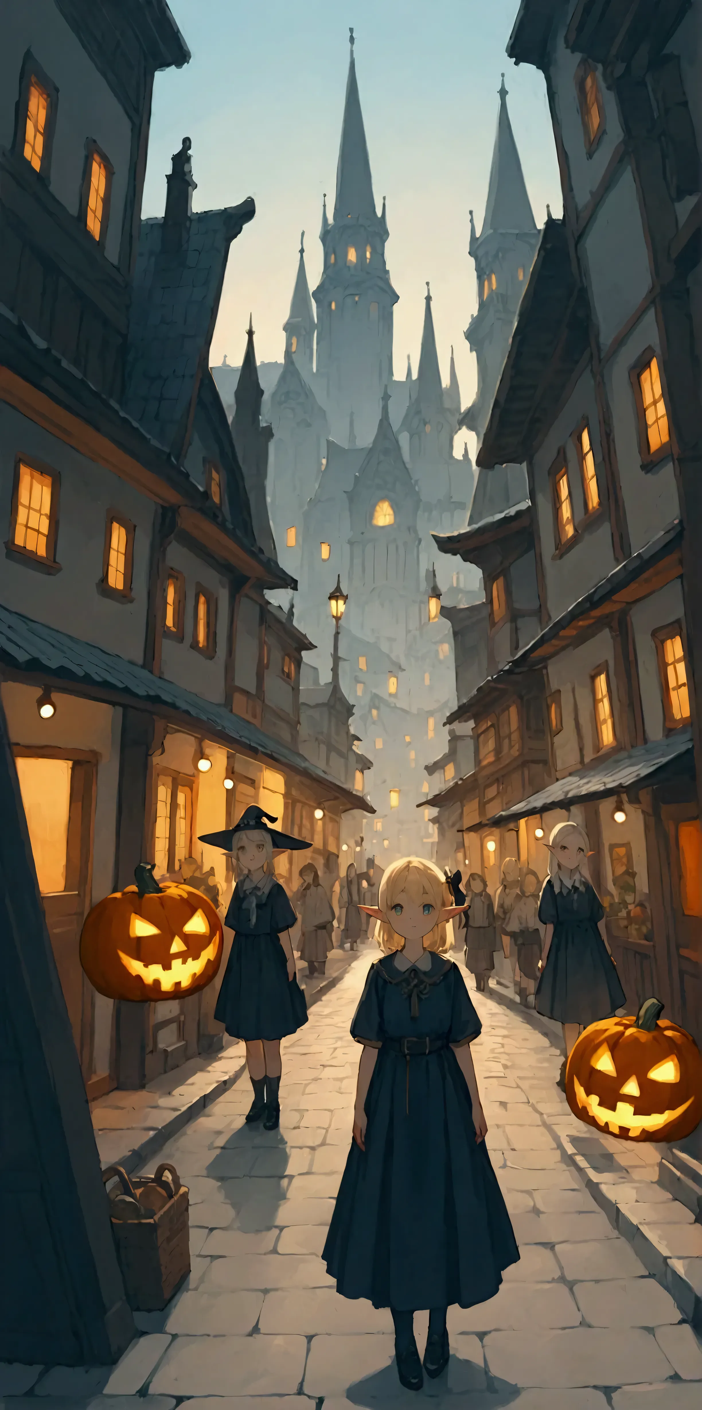 Jack-o-lantern,elaborate city.In city live 6+girls\(cute, very small, dwarf, elf ears, witch clothes\).from above.score_9, score_8_up, score_7_up, score_6_up, score_5_up, score_4_up, source_anime,source_furry,rating_safe,rating_questionable,masterpiece, best quality, perfect anatomy , very aesthetic , absurdres,limited pallet,(dynamic angle)