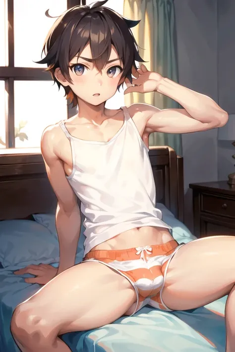 teenage boy sitting on the bed in white long tank top and striped orange boxer briefs, (beautiful eyes, best quality)