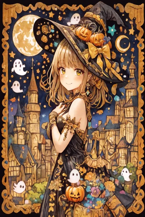 a close up of a smiling woman in a witch costume holding a pumpkin, halloween art style, smiling witch girl, in a halloween styl...