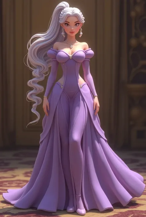 Princess belle has a sister thats different from her and her hair is long in a ponytail and braids and lavender hair body beautiful and she has amazing figure plus her breasts is big and her outfit dress is similar but different from her sister belle and s...