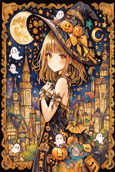 a close up of a woman in a witch costume holding a pumpkin, halloween art style, witch girl, in a halloween style, bright witch,...