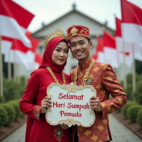  Professional photography featuring a couple of young Indonesian lovers who are 20 years old, wearing traditional Javanese clothing  ,  complete with bun and other accessories ,  is posing carrying a fancy signboard with the word  "SELAMAT HARI SUMPAH PEMU...