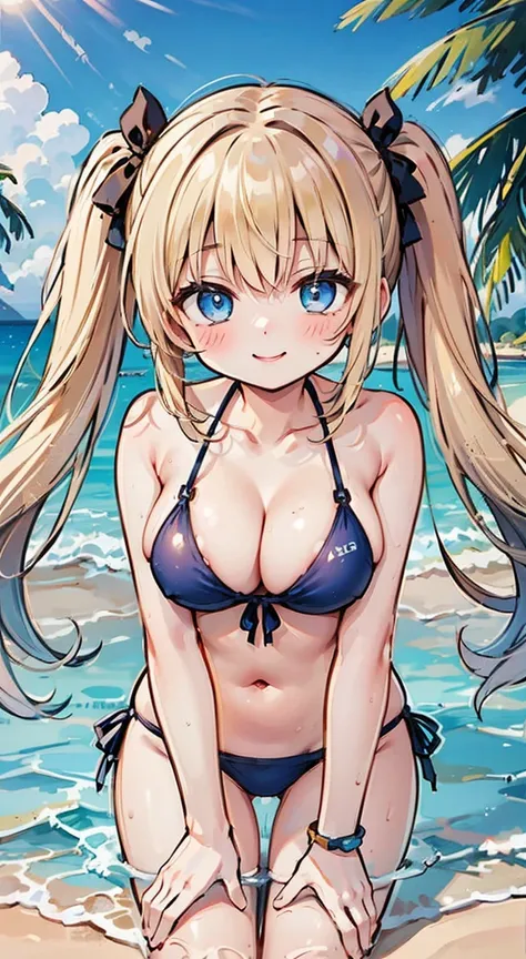 Float 1.1,Highest quality,flower Bikini Girls,sidetie bikinibottom,Twin tails,Large Breasts,Beach,smile,Blonde hair and blue eyes,cute eyes,glamorous,have a float ring,