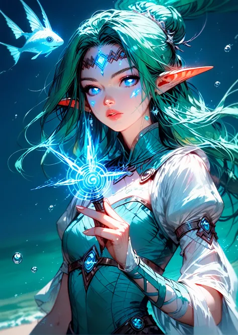 picture of a sea elf (intricate details, masterpiece, best quality: 1.5) water mage casting ((water control spell)), water wizar...