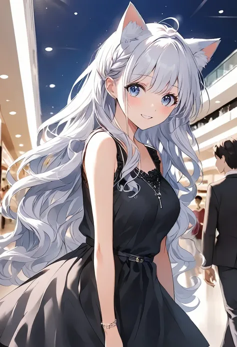 １  girl １ , Anime cat girl ,  Her eyes are big 、  I was full of curiosity ,   she looked excited and happy when she saw me , Beautiful cat eyes , ((( pure white wavy hair ))),   blue eyes  , good picture,  anime 2D , 2D,  Beautiful Hands, Good move., 4K, 8...