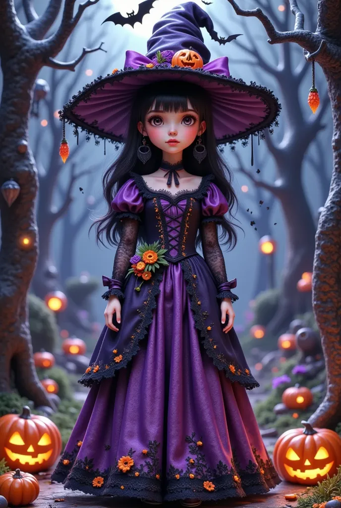 micro landscape：girl，halloween。detailed clothing,halloween,gothic, dark fantasies , surrealism, colorful , vibrant , gloomy ligh...