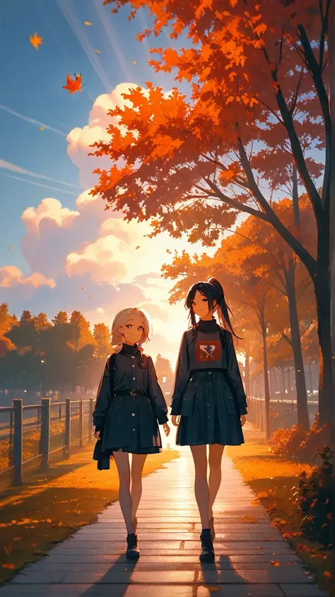 (Masterpiece, High Quality, High Definition, 4K, 8k), a peaceful autumn scene of a college campus walkway. Dark yellow ginkgo trees line both sides, creating a rich and immersive atmosphere.  ((two female（two beautiful face women, smile, very fun) are walk...