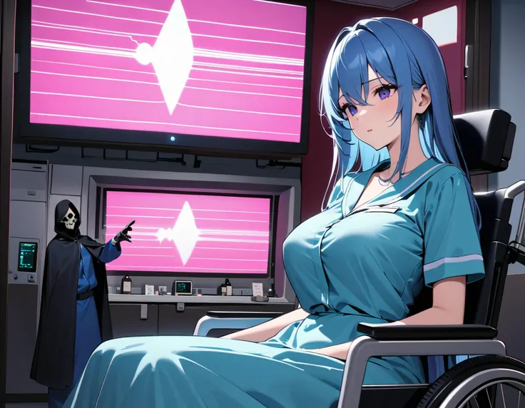 In a dimly lit, sterile private room within a VIP ward, a gaunt figure clad in a blue patient gown occupies a wheelchair, his frail form eerily juxtaposed against the backdrop of pulsing electrocardiogram waves on the LCD screen. Three sultry nurses, their...