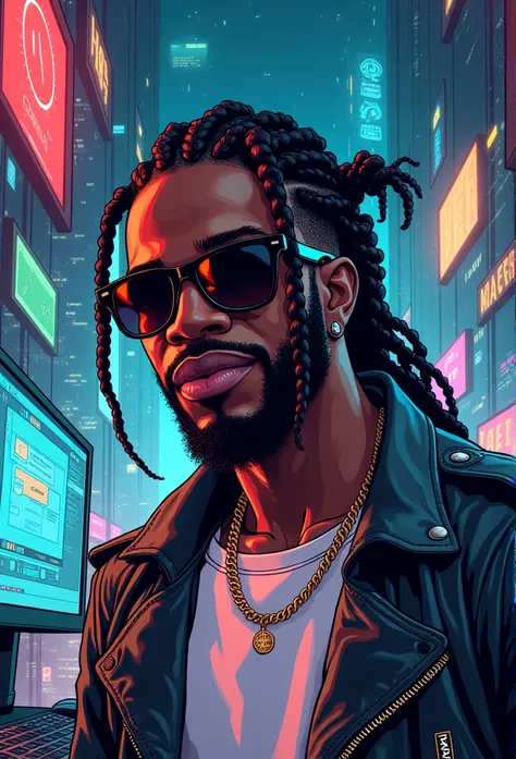 Asian manga-style drawing of a black man with sunglasses, an earring, long braids, and a stubble beard. Dressed in rock and roll style. Computer screens and hacker. Lots of technology