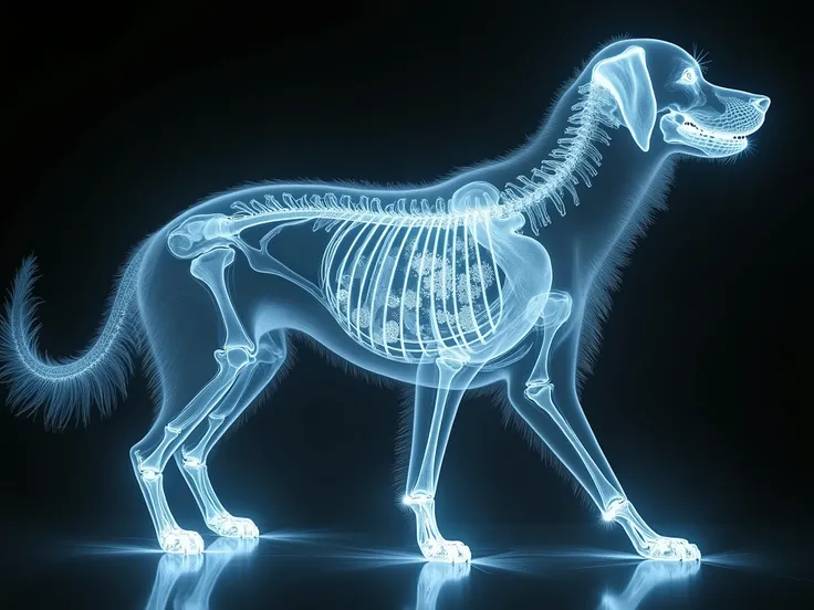 Double exposure in X-Ray: Dog and curious things inside his stomach, Kirlian Photography, Schlieren Effect, Long Exposure, Dynamic Movements and Poses.
Masterpiece state-of-the-art, Amazing Unreal Engine, Hyperrealistic, X-Ray Setting, Hi-tech.