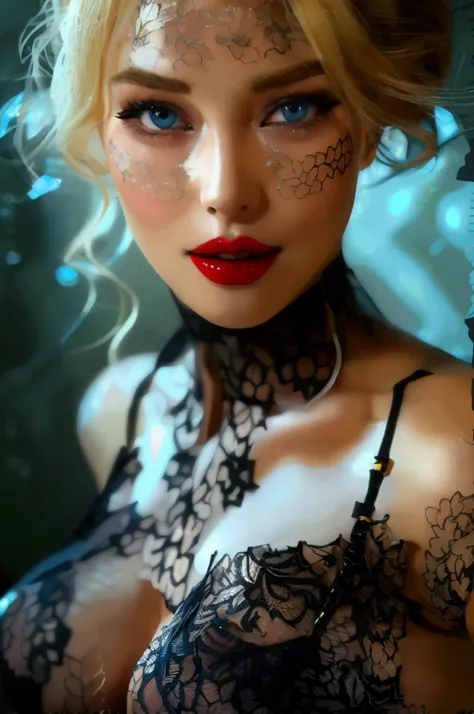 blonde woman , blue eyes,  deep black eye shadow ,  red lips,  big breasts , face of pleasure,  black lace bra , black lace pant...