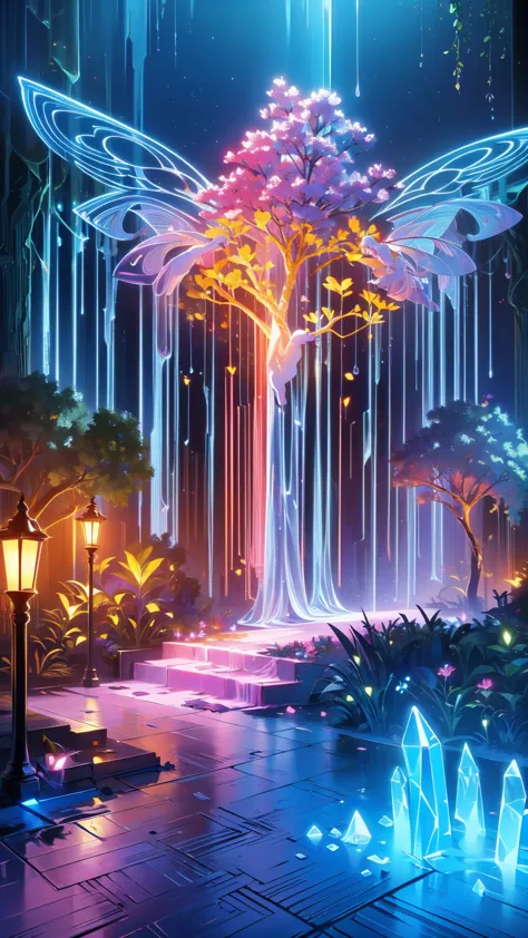 huge tree with blue glowing branches and roots,  very detailed , complex and brilliant , fantasy landscape ,  aether atmosphere ...