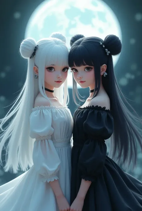 white hair and white dress 、 twin girls with black hair and black dress、Twin tails with bun heads、Moon Spirit